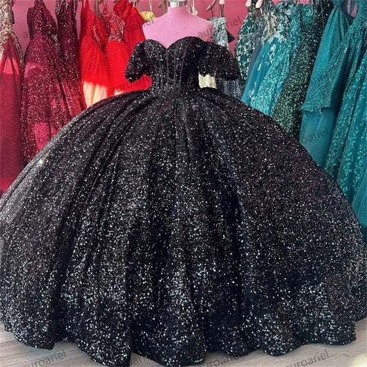 Black Shiny Sweetheart Quinceanera Dresses Off Shoulder Sequined Sweet 16 Dress