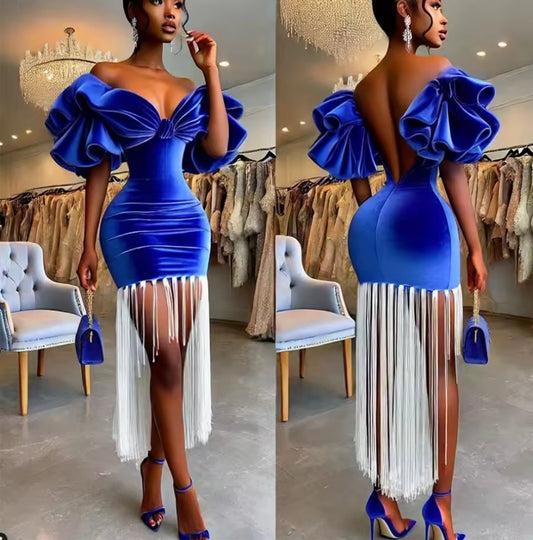 Aso Ebi Royal Blue Prom Dress Tassel Cap Sleeves Backless Short Evening Dress Sexy African Cocktail Dinner Party Gown Customized