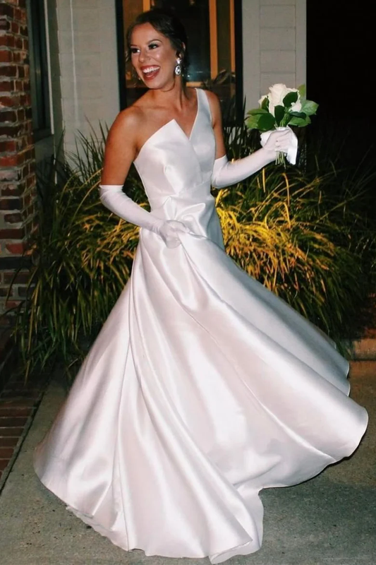 Asymmetrical White Satin A-Line Long Wedding Dress