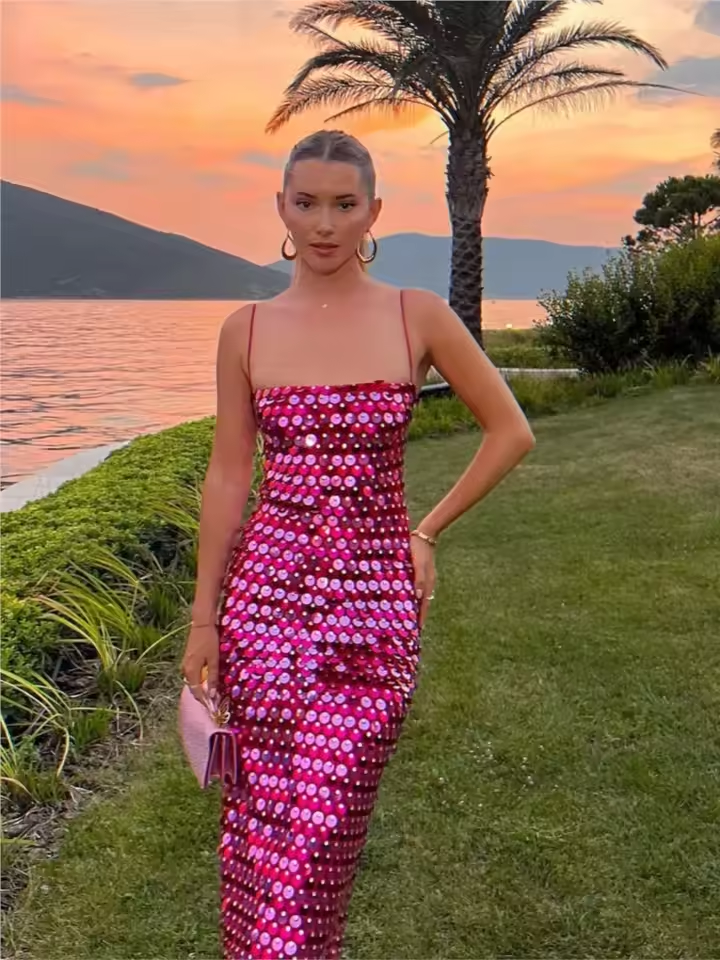 Beaded Irregular Slip Dress Sequin Holiday Halter Boho Long Dresses Sparkling Sexy Backless Slim Fit Suspender Evening Robes