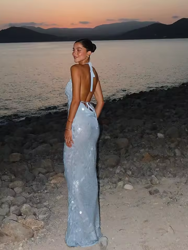 Big Sequin Fish Tail Dress Halter Sexy Glitter Backless Hanging Neck Beach Long Dresses Lace Up Slim Fit Women Robes Summer New