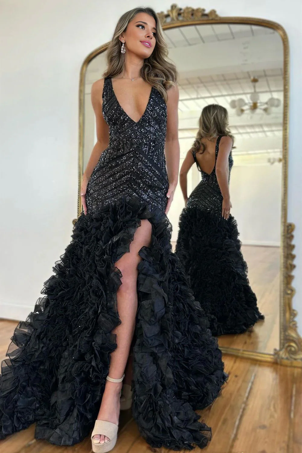 Black Mermaid V-Neck Long Sequin Prom Dress With Ruffles