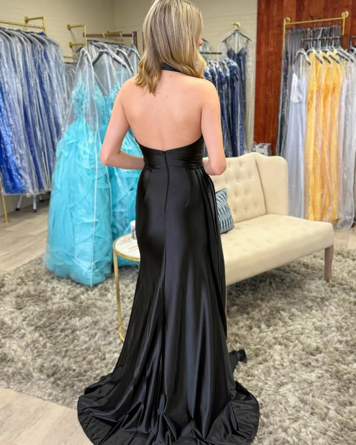 Black Satin Mermaid Prom Dresses Long with Slit Deep V Neck Evening Gowns
