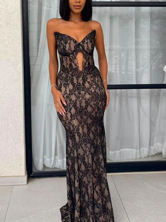 Black Strapless V-Neck Sleeveless Lace Mermaid Prom Dress