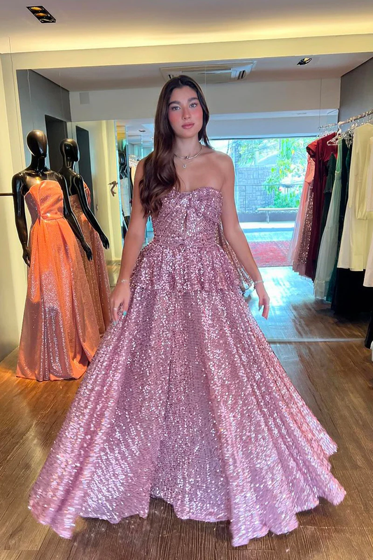 Blush Pink Strapless Sequins Long Prom Dresses