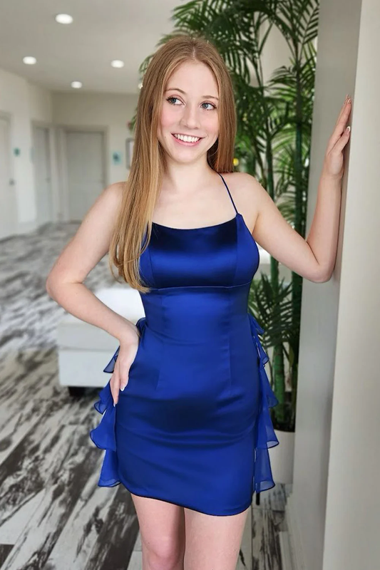 Bodycon Scoop Neck Royal Blue Ruffle Tight Short Homecoming Dress
