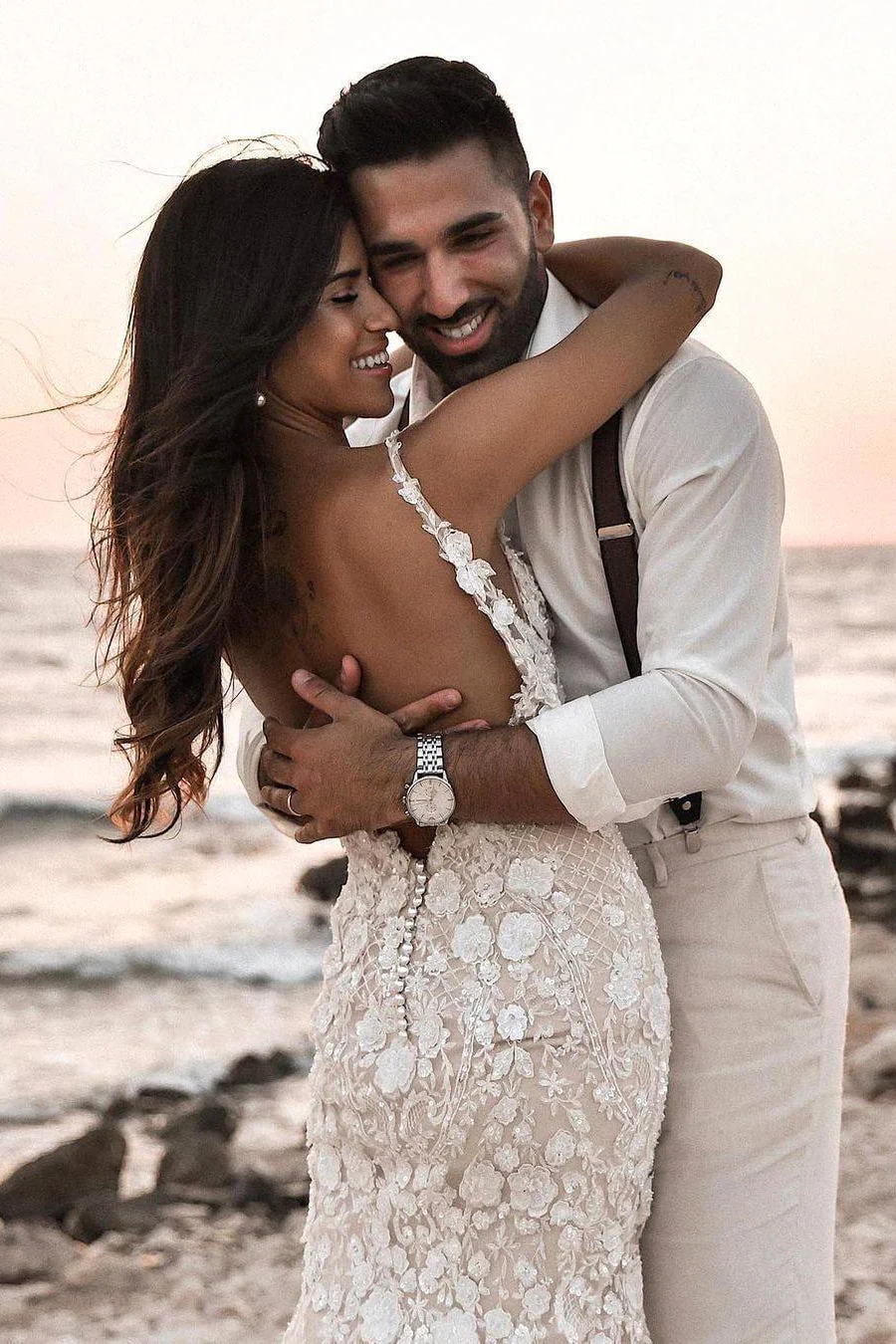 Boho Sleeveless Floral Mermaid Wedding Dress Backless Bridal Gown