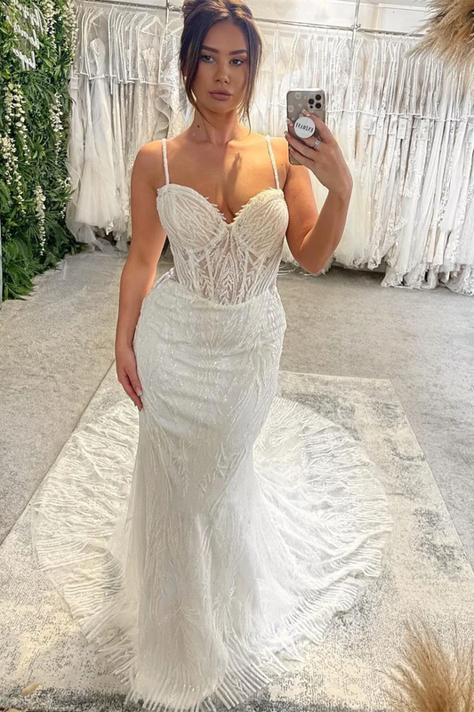 Charming Floor Length Sweetheart Sleeveless Spaghetti Straps Mermaid Wedding Dress with Chapel Train