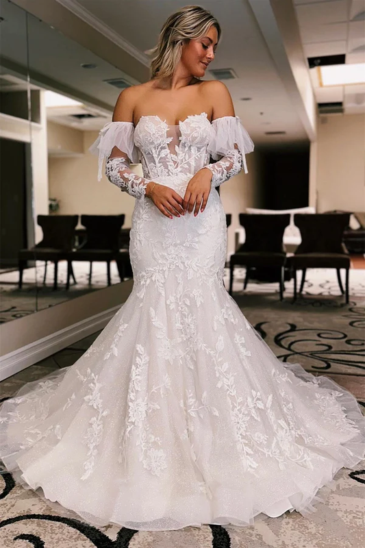 Charming Strapless Mermaid Tulle Wedding Dress Open Back Lace Appliques With Detachable Long Sleeves