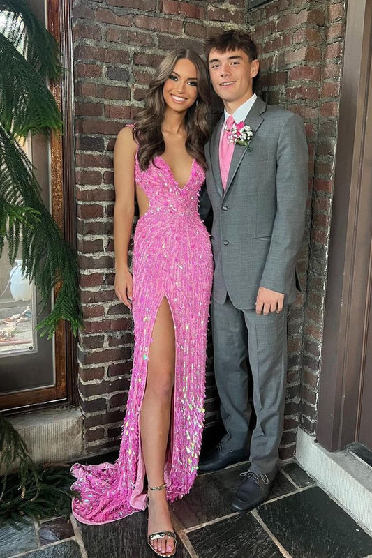 Charming Mermaid V Neck Sequins Long Prom Dresses with Beading