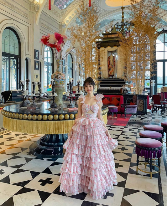 Chic Ball Gown Straps Floral Pink Floor Length Prom Dresses Formal Dress Birthday Outfits Prom Gown