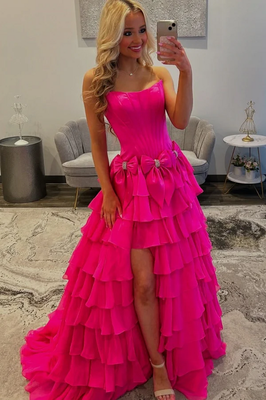 Chic & Modern A-Line Boat Neck Sleeveless Pleated Beaded Bow Knot Tiered Prom Party Dress High Side Slit and Train Formal Evening Dress Cocktail Dress