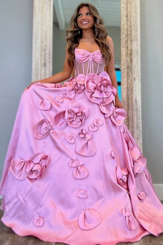 Chic & Modern A-Line Sweetheart Neck Spaghetti Straps Sleeveless 3D Flowers Prom Party Dress Formal Party Gown