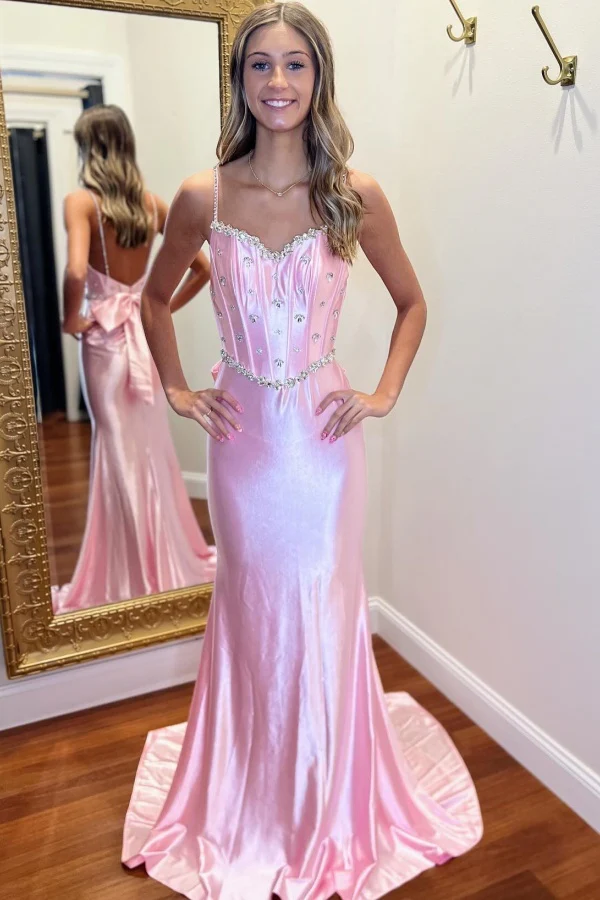 Chic & Modern Strapless Spaghetti Straps Sleeveless Pleated Crystal Beaded Prom Party Dress Open Back Bow Knot Evening Dress