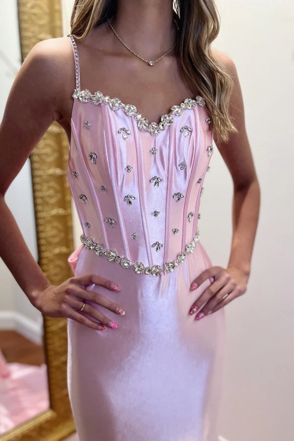 Chic & Modern Strapless Spaghetti Straps Sleeveless Pleated Crystal Beaded Prom Party Dress Open Back Bow Knot Evening Dress