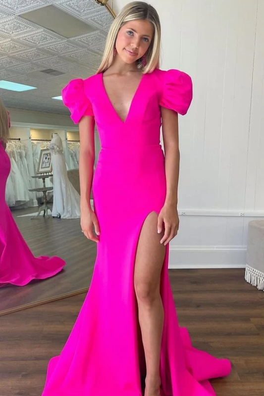Classic & Modern Sheath V Neck Short Sleeves Open Back Black Prom Dress with High Side Slit and Train