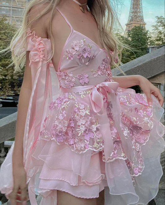 Classy Spaghetti Straps V Neck Pink Lace Appliques Formal Short Homecoming Dress Birthday Outfits