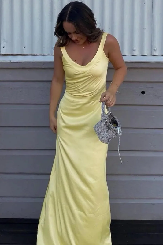 Classy Straps V-Neck Satin Sleeveless Pleats Long Formal Prom Dress