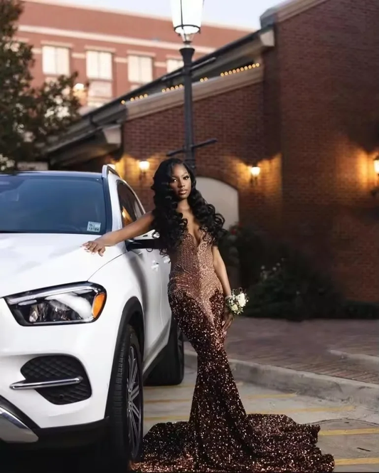 Customized Glitter Brown Sequins Mermaid Prom Dress Black Girls Gold Diamonds Crystal Beaded Birthday Party Gown