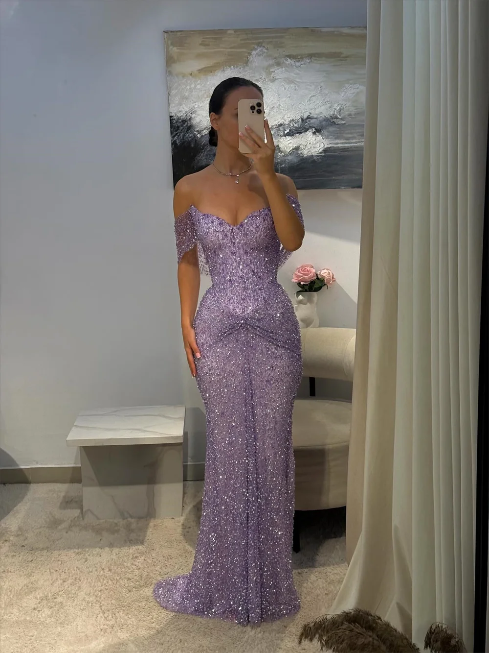 Customized Purple Luxury Rhinestones Mermaid Prom Dress Off The Shoulder Floor-length Formal Evening