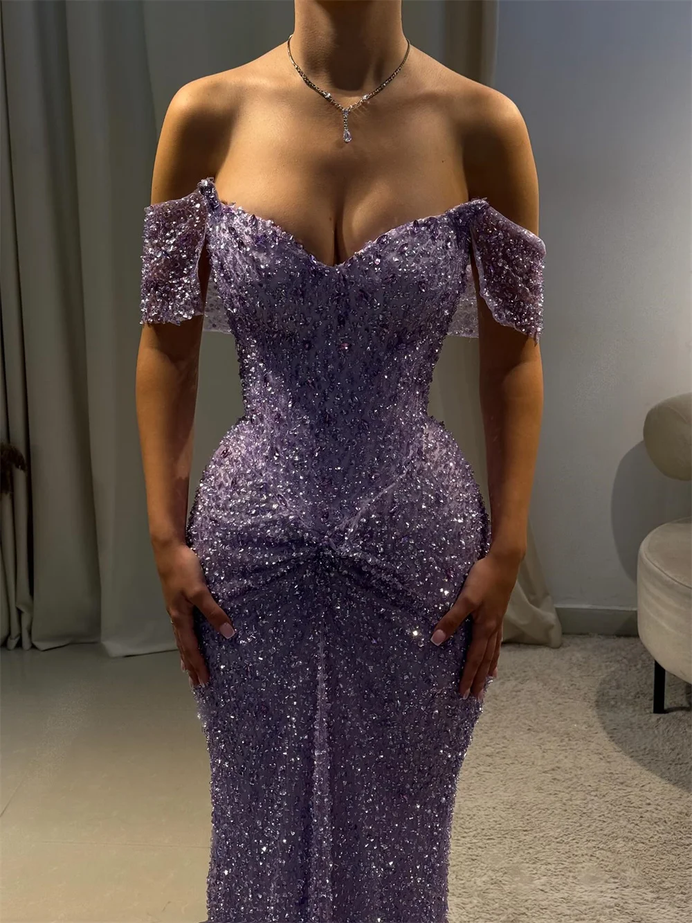 Customized Purple Luxury Rhinestones Mermaid Prom Dress Off The Shoulder Floor-length Formal Evening