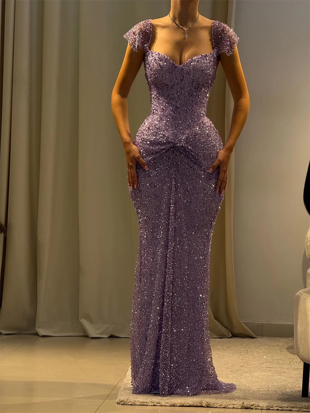Customized Purple Luxury Rhinestones Mermaid Prom Dress Off The Shoulder Floor-length Formal Evening