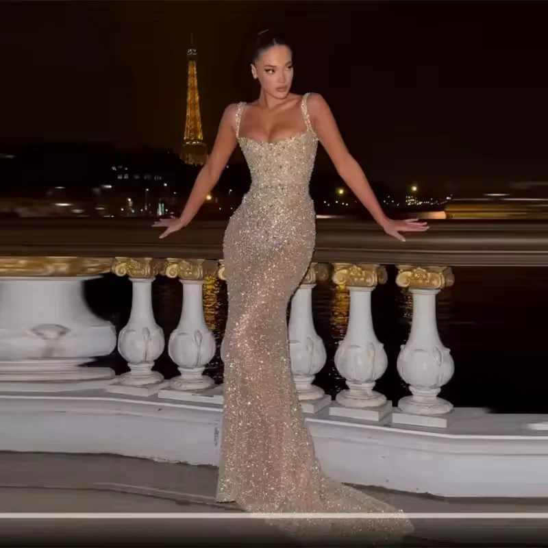 Customized Sparkling Sequins Prom Dress Spaghetti Straps Beading Party Dress Luxury Evening Dress