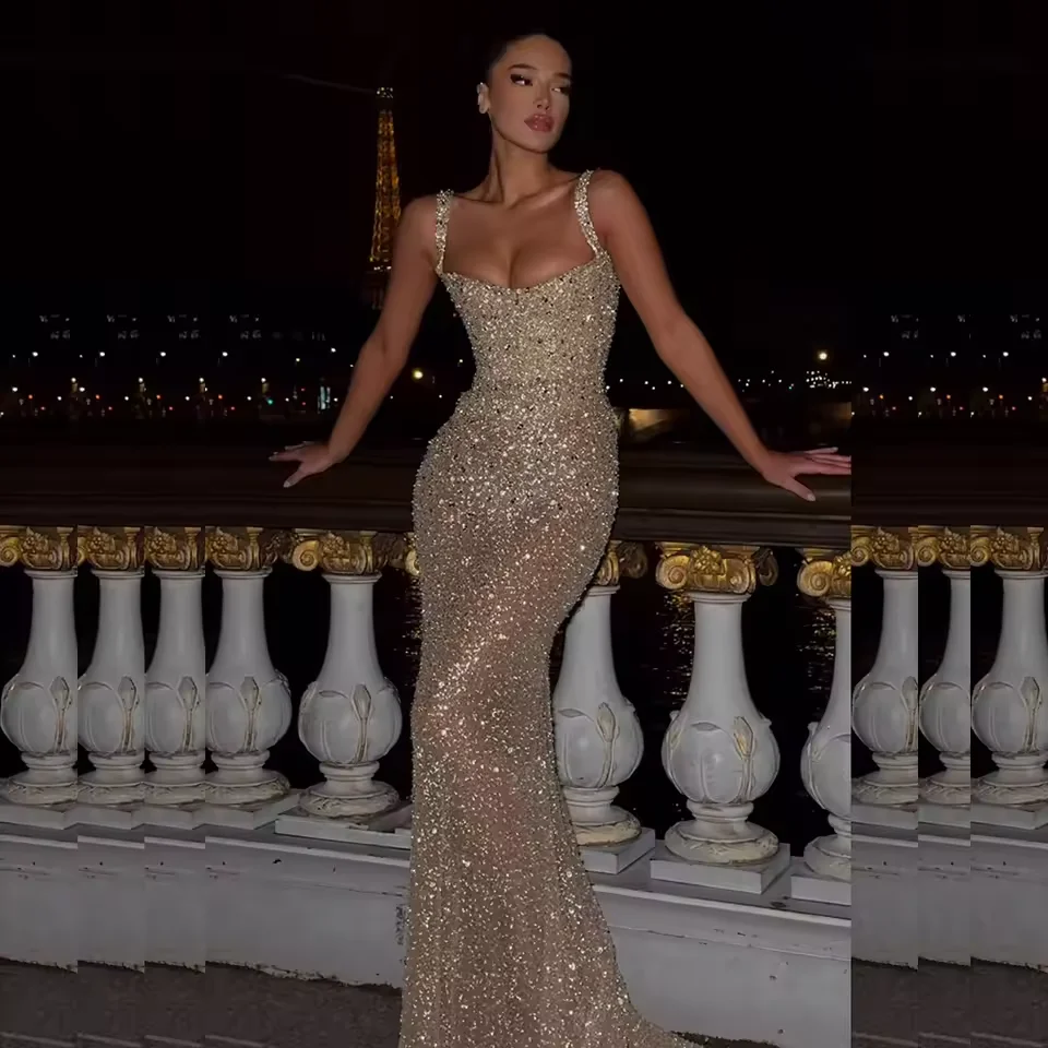 Customized Sparkling Sequins Prom Dress Spaghetti Straps Beading Party Dress Luxury Evening Dress