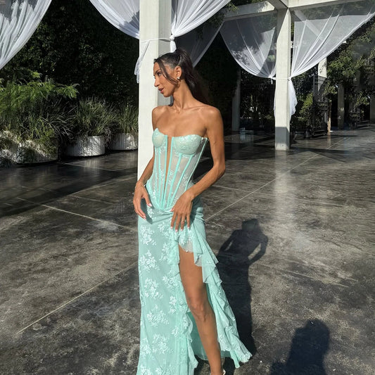 Customized Luxury High Quality Lace Wedding Dress Strapless Sleeveless Backles Corset LaceUp Evening Dress For Wedding
