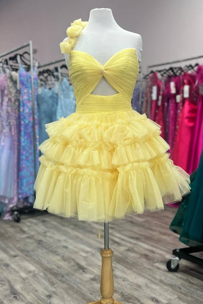 Cute A Line One Shoulder Yellow Short Homecoming Dresses with Flowers