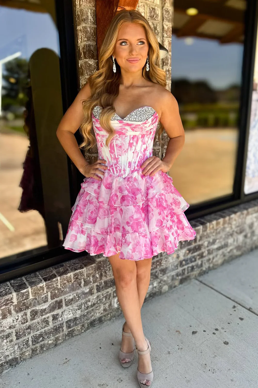 Cute A Line Sweetheart Floral Chiffon Pink Tiered Homecoming Dress with Beading