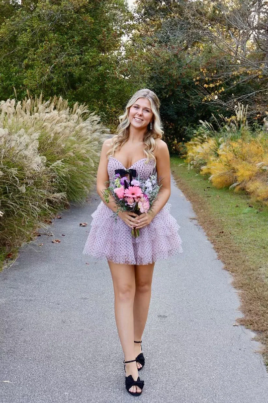 Cute A Line Sweetheart Pink Dot Tulle Homecoming Dresses