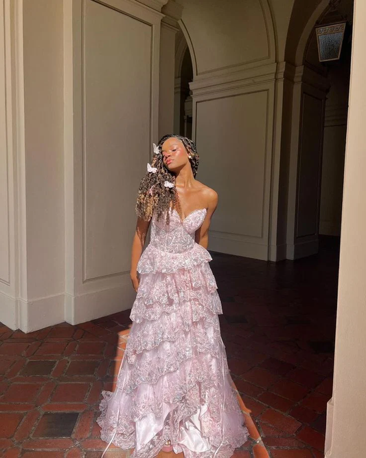 Cute Ball Gown Sweetheart Pink Lace Long Prom Dresses Impress 21st Birthday Outfits Prom Gown