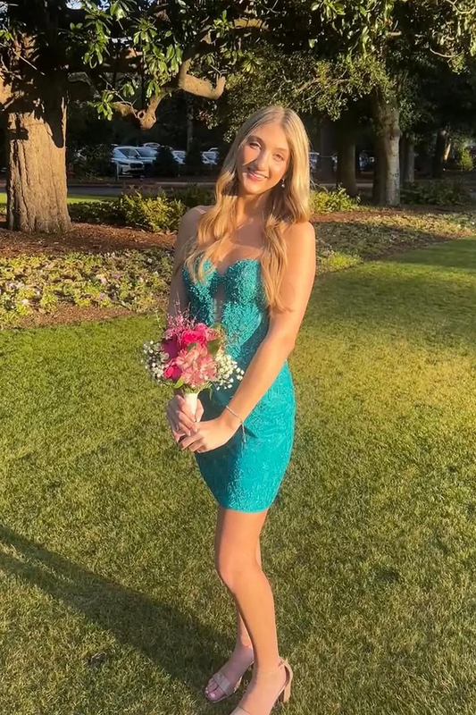 Cute Bodycon Sweetheart Keyhole Green Lace Homecoming Dress with Beading