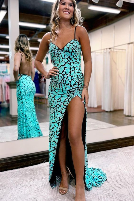 Cute Mermaid V Neck Green Sequins Lace Long Prom Dresses with Slit