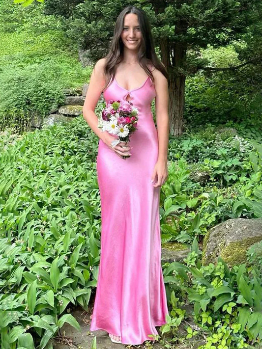 Cute Mermaid V Neck Keyhole Pink Satin Prom Dress