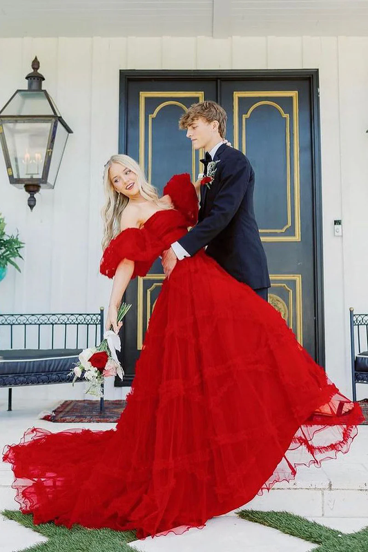 Cute Red Strapless Ruffle Tiered Tulle Prom Dresses with Sleeves