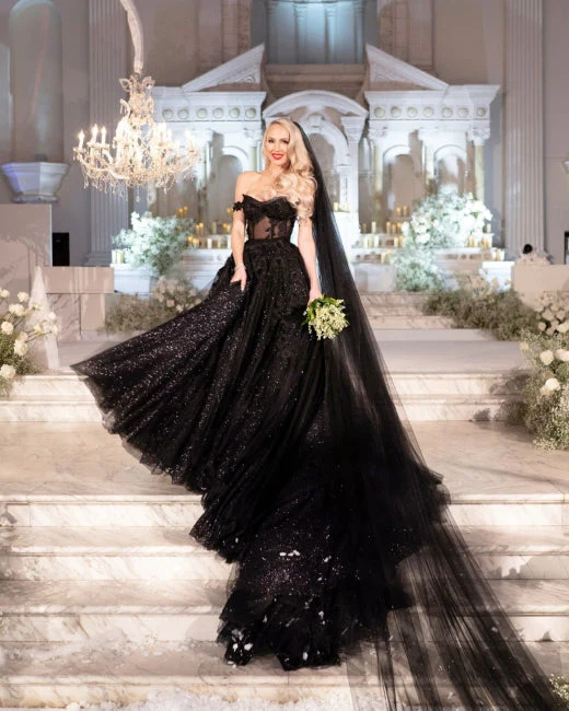 Designer Black A-Line Off-the-shoulder Glitter Wedding Dresses With Lace