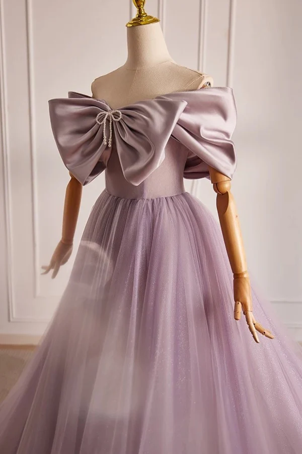 Elegant A-Line Off Shoulder Sleeveless Bpw Knot Beaded Tulle Prom Dress Party Gown Evening Dress Formal Gown
