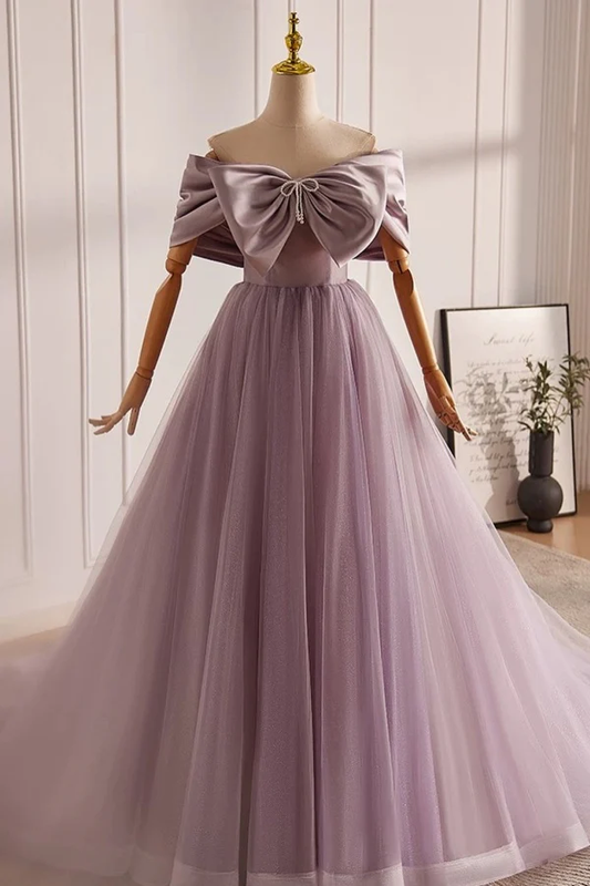 Elegant A-Line Off Shoulder Sleeveless Bpw Knot Beaded Tulle Prom Dress Party Gown Evening Dress Formal Gown