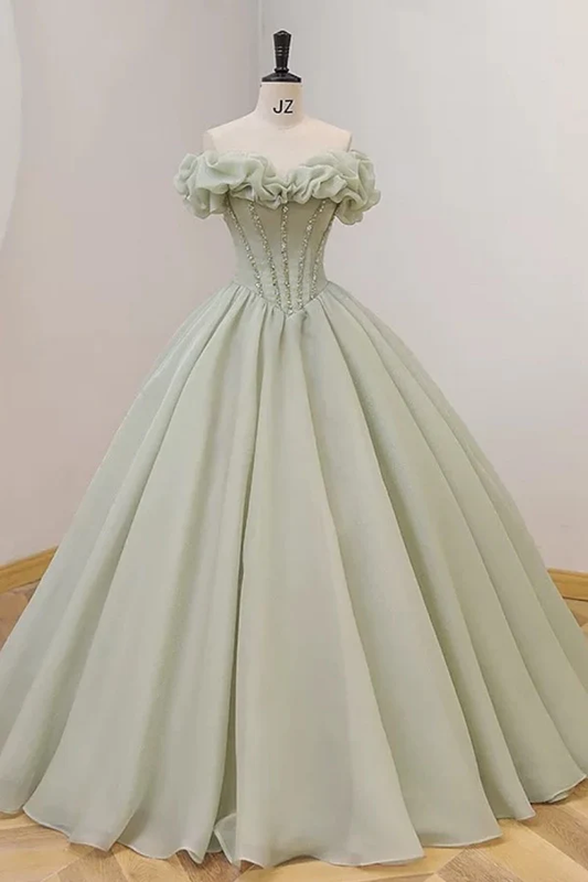 Elegant A-Line Off Shoulder Sleeveless Ruched Beaded Pleated Floor Length Lace Up Prom Dress Evening Gown Formal Dress