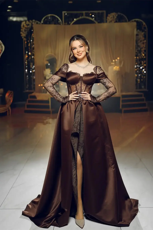 Elegant Chocolate Sweetheart Hi-Lo Satin Lace Prom Dress Long Sleeves With Lace-Up Back