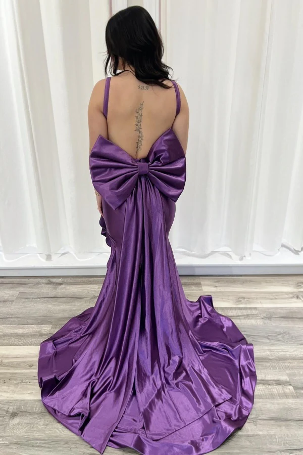 Elegant Mermaid V Neck Straps Sleeveless Pleated Ruffles Prom Party Dress Open Back Bow Knot High Side Slit and Train Evening Formal Gown