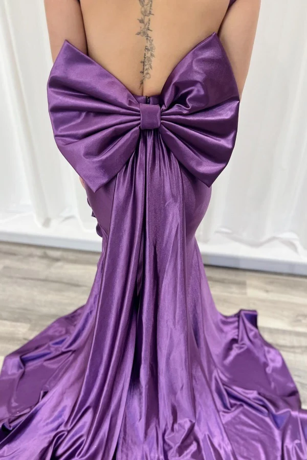 Elegant Mermaid V Neck Straps Sleeveless Pleated Ruffles Prom Party Dress Open Back Bow Knot High Side Slit and Train Evening Formal Gown