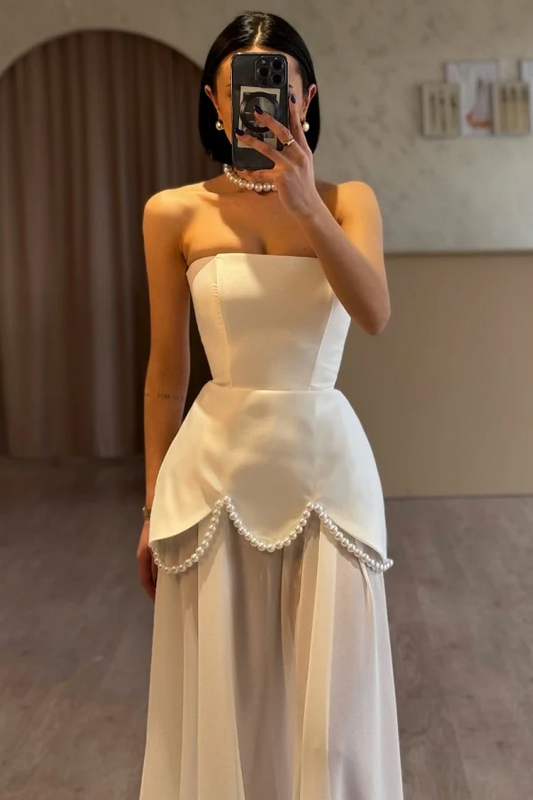 Elegant Sheath Strapless Sleeveless Pleated Pearls Beaded Chiffon Prom Party Dress Evening Gown Formal Dress Cocktail Dress