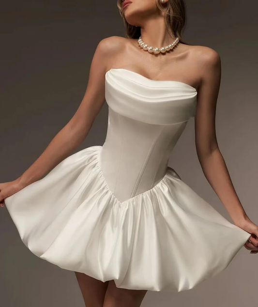Elegant White Bridal Homecoming Dresses Strapless A-line Satin Party Dress
