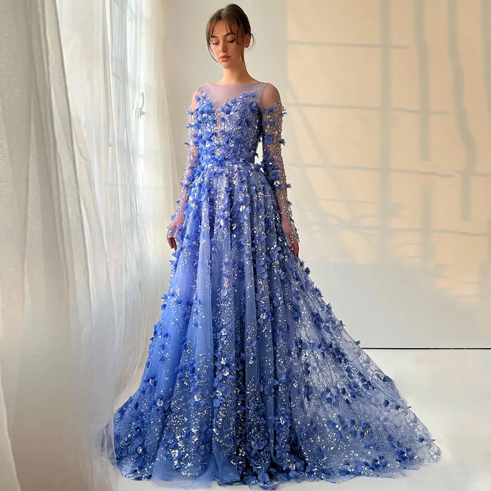 Exquisite 3D Decal Lace Ball Dress Phantom Long Sleeve Round Neck Birthday Party Dress A-line Formal Dress Custom