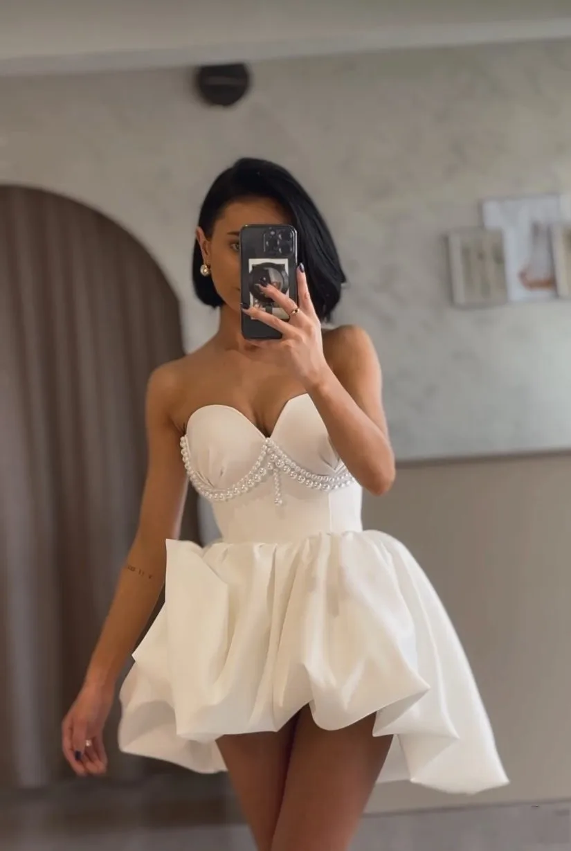 Fashion Short Party Dress Pearls Off Shoulder Custom Made Prom Gowns Ivory Sweetheart Draped Bubble Dress Above Knee Length