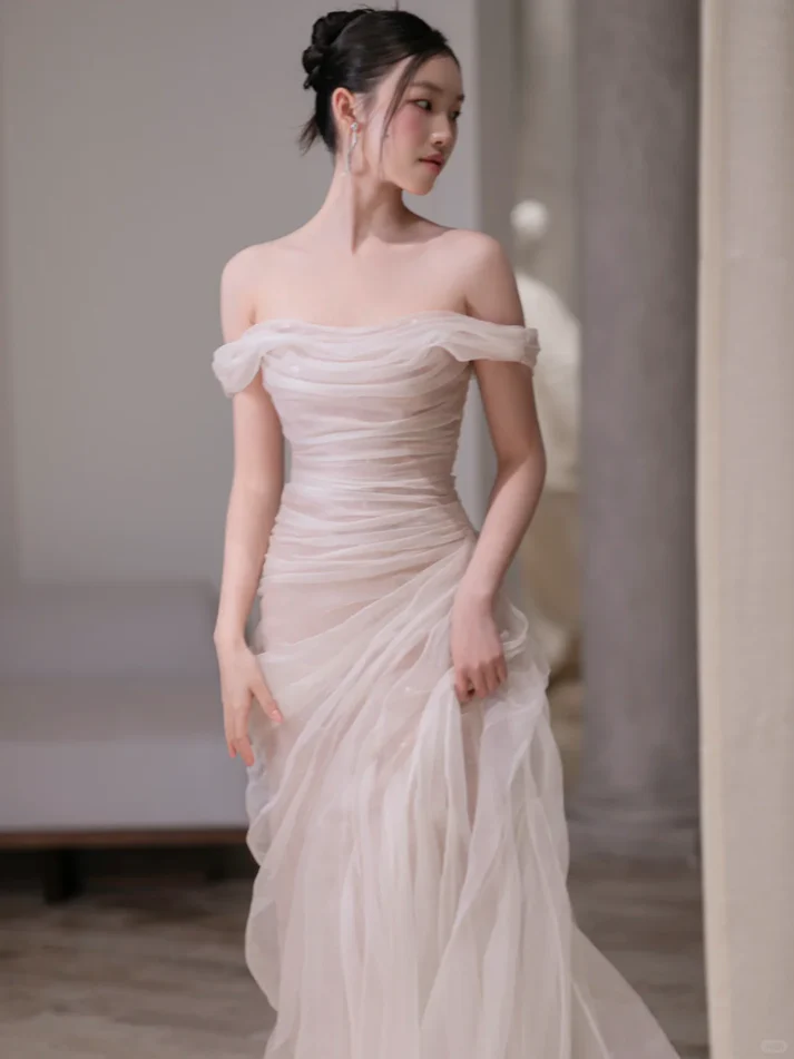 Flowy A Line Off the Shoulder Pleated Tulle Prom Dress Evening Dress