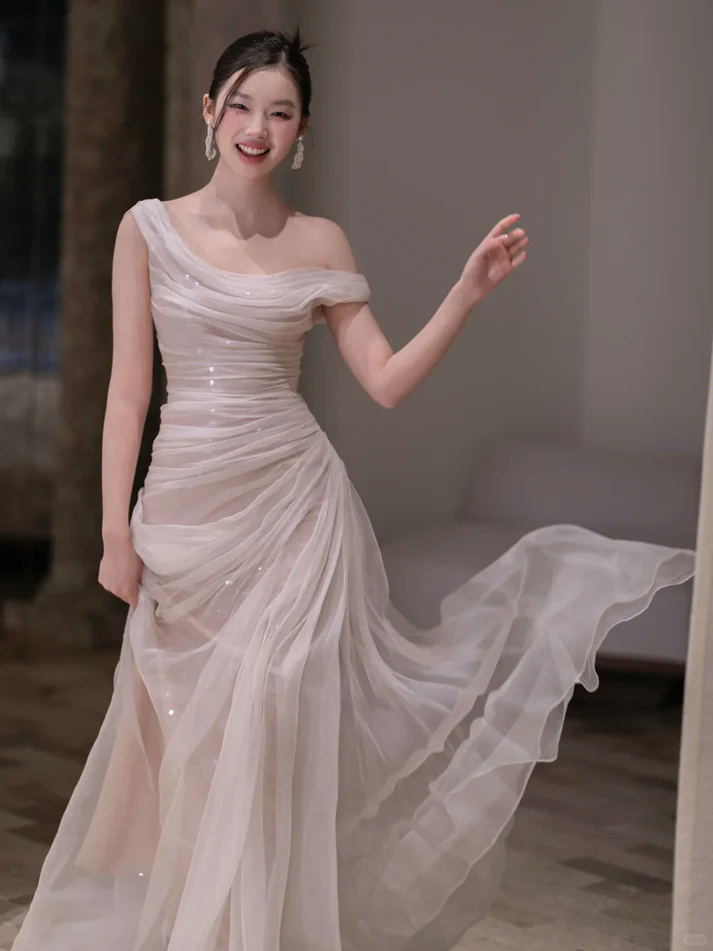 Flowy A Line Off the Shoulder Pleated Tulle Prom Dress Evening Dress